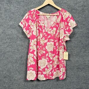 St John's Bay Plus Sz 1X Top Blouse Pink Floral Cotton Rayon Vacation Resortwear
